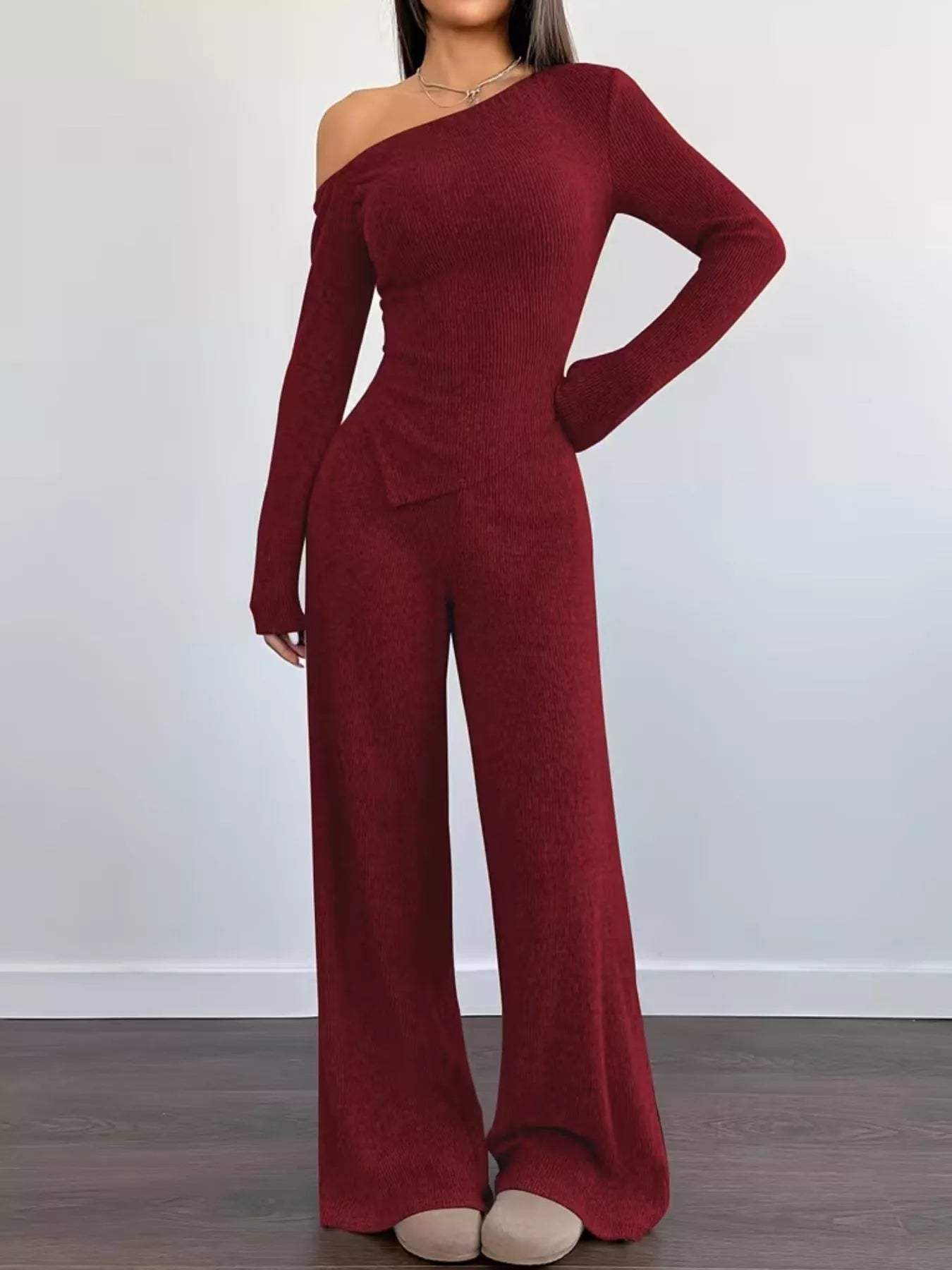 Chic One-Shoulder Asymmetrical Top and Wide-Leg Pants Set - Trendsi - Flyclothing LLC