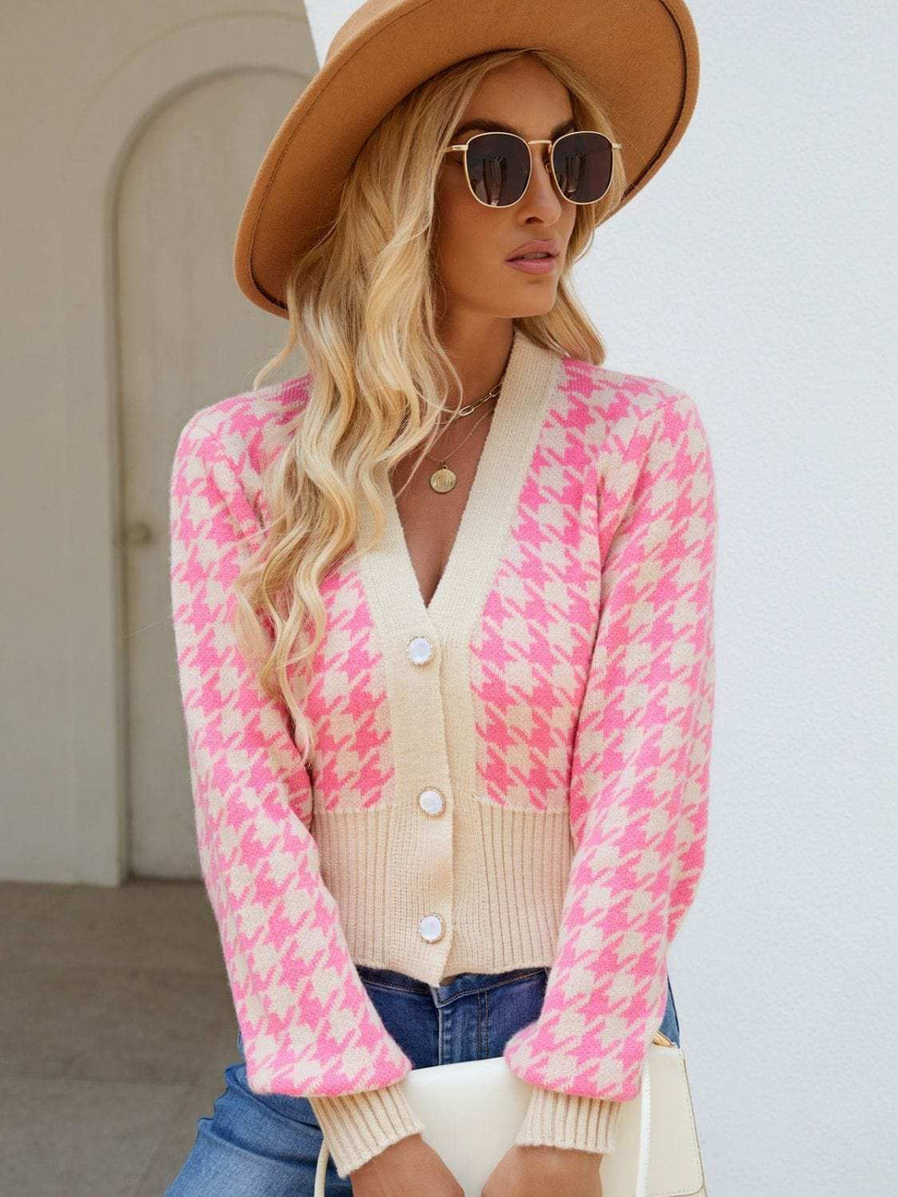 Houndstooth Button Up Long Sleeve Cardigan - Trendsi - Flyclothing LLC