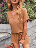 Notched Short Sleeve Top and Shorts Set - Trendsi - Flyclothing LLC