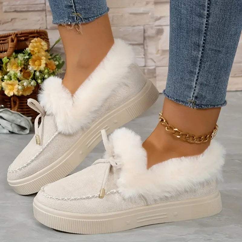 Bow Furry Round Toe Flat Slip-Ons - Trendsi - Flyclothing LLC