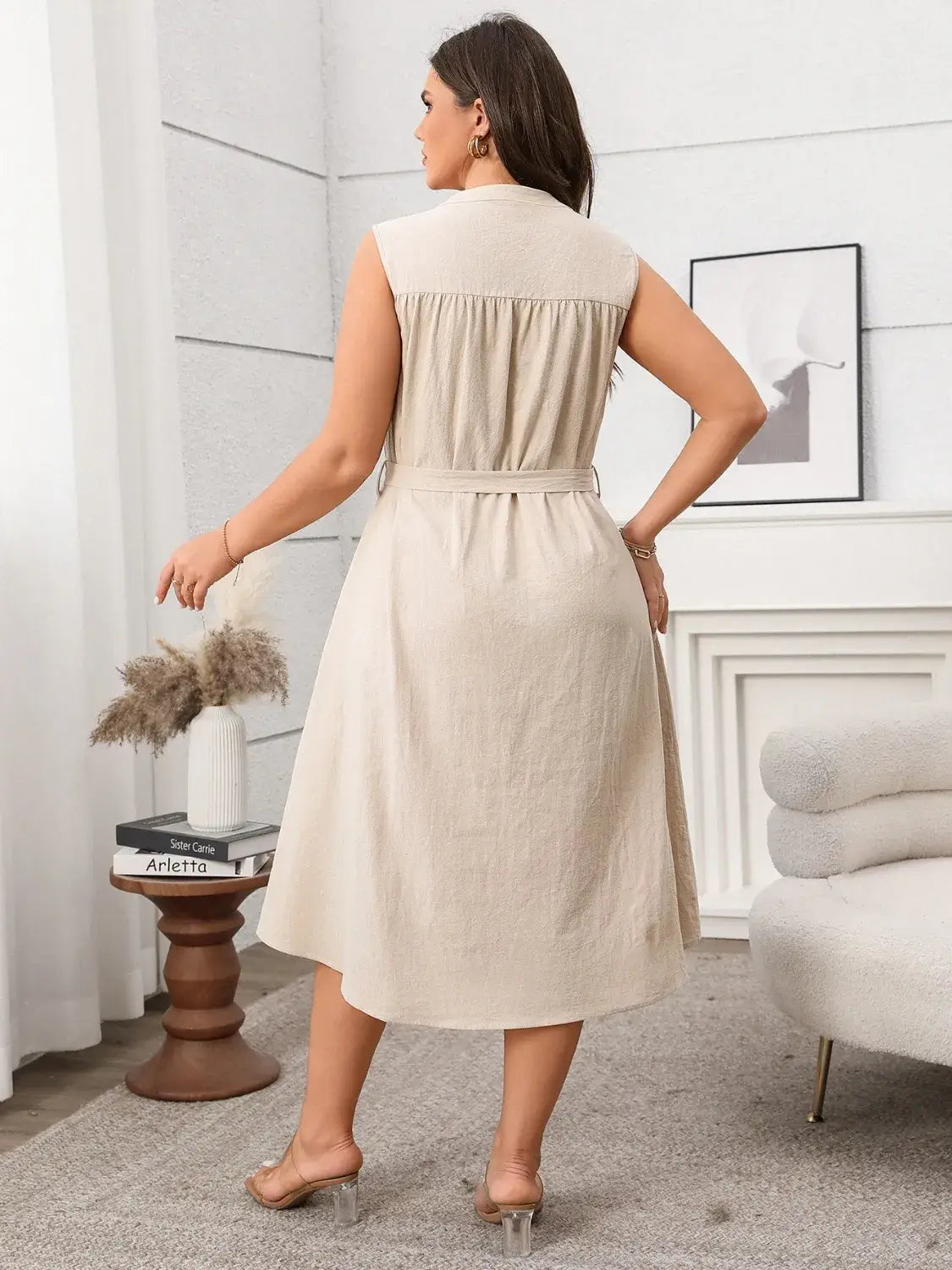Plus Size Button Front Tie Waist Sleeveless Dress - Trendsi - Flyclothing LLC