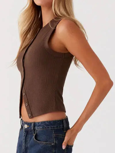 Lovelet Button Up Round Neck Tank - Trendsi - Flyclothing LLC