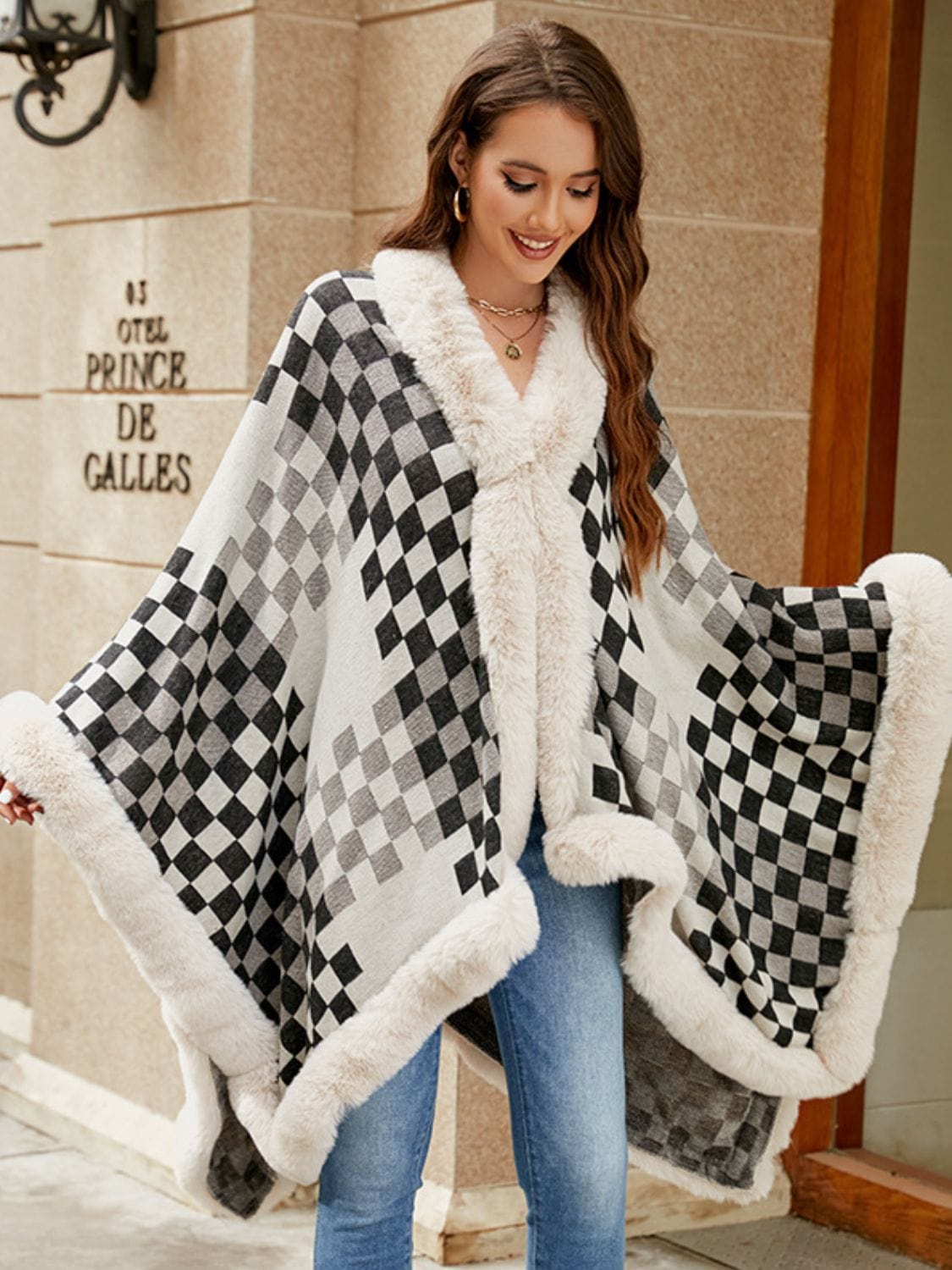 Fuzzy Checkered Long Sleeve Poncho - Trendsi