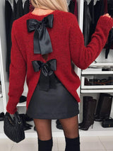 Bow Slit Back Round Neck Sweater - Trendsi - Flyclothing LLC