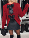 Bow Slit Back Round Neck Sweater - Trendsi