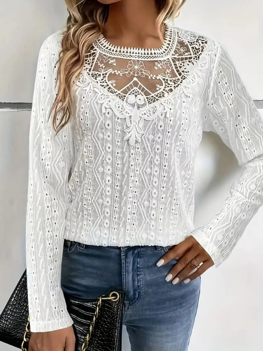 Lace Eyelet Long Sleeve Top - Trendsi