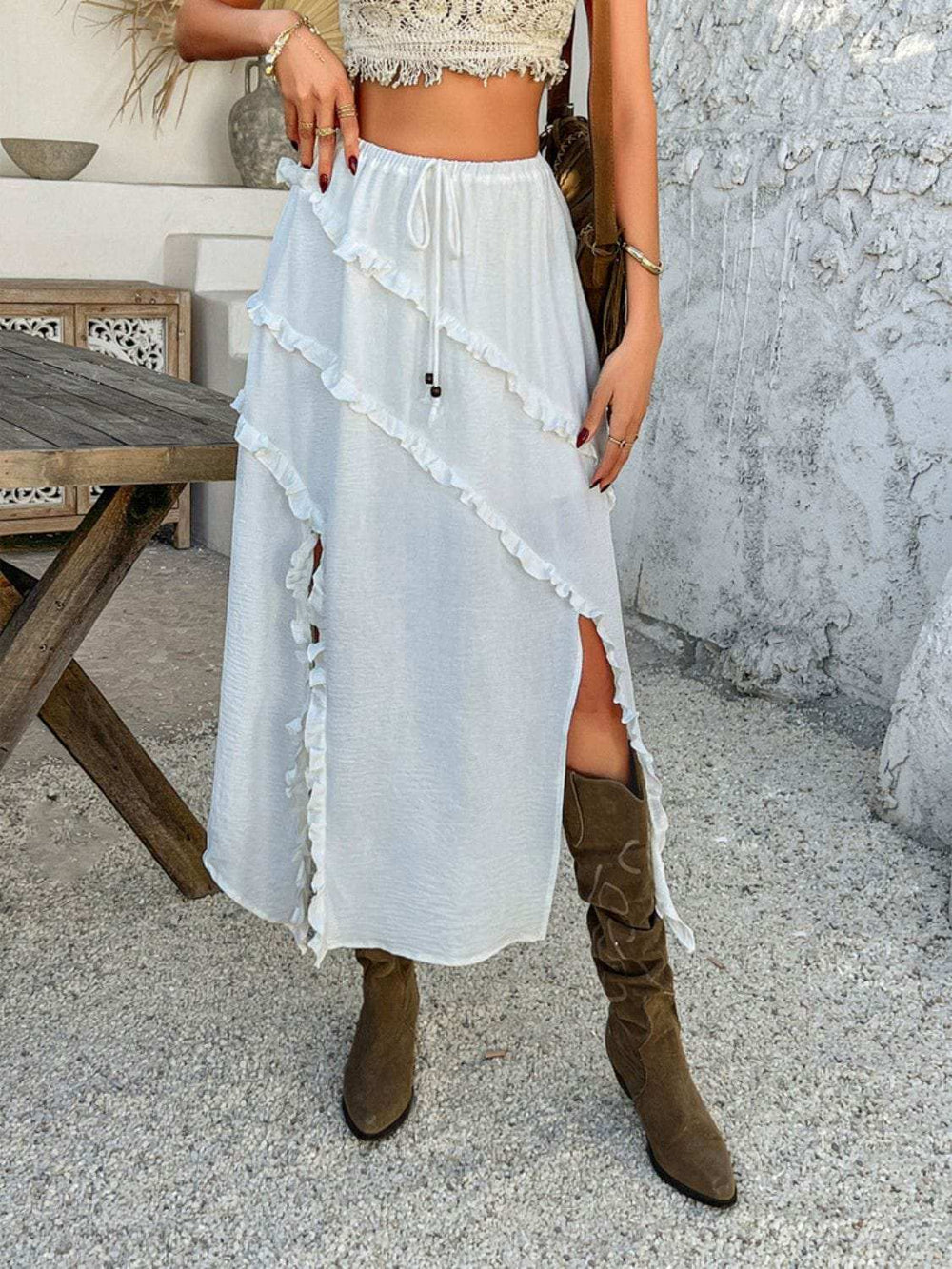 Devine Slit Drawstring Ruffled Skirt - Trendsi - Flyclothing LLC