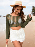 Openwork Boat Neck Long Sleeve Cover-Up - Trendsi