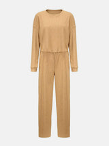 Waffle-Knit Round Neck Top and Pants Set - Trendsi - Flyclothing LLC