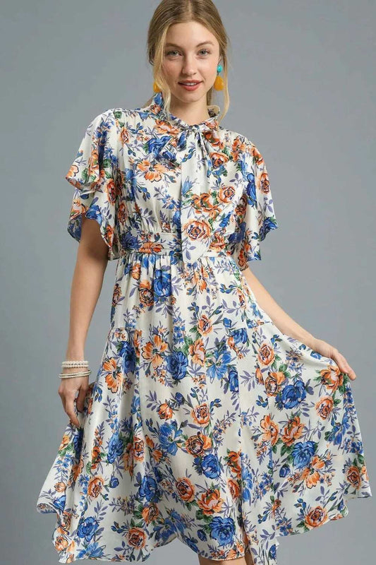Umgee Floral Print Flutter Sleeve Dress - Trendsi - Flyclothing LLC