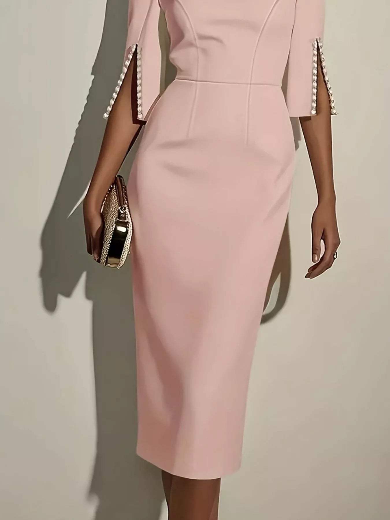 Slim-Fit Elegant Midi Dress with Beaded Slit Sleeve - Trendsi - Flyclothing LLC