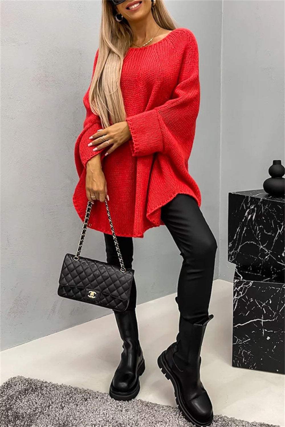 Round Neck Batwing Sleeve Sweater - Trendsi - Flyclothing LLC