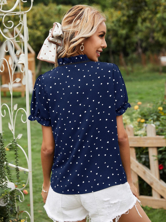 Heart Print Tie Neck Short Sleeve Blouse - Trendsi