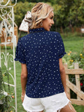 Heart Print Tie Neck Short Sleeve Blouse - Trendsi - Flyclothing LLC