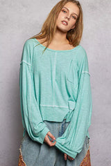 POL Round Neck Long Sleeve Exposed Seam Top with Chest Pocket - Trendsi - Flyclothing LLC