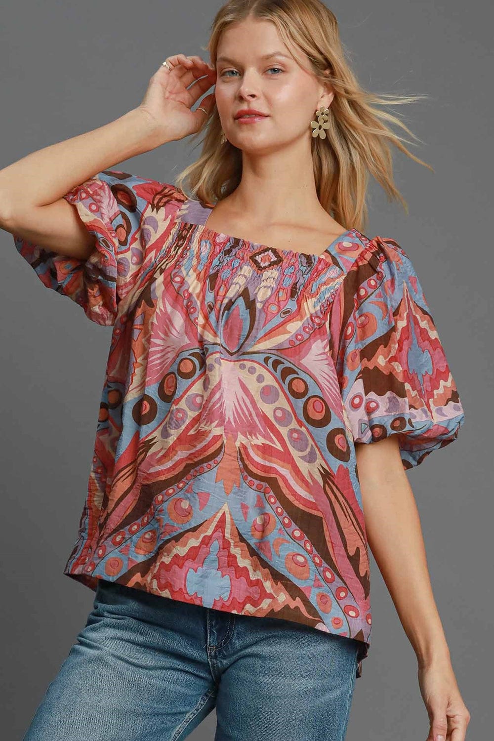 Umgee Full Size Abstract Print Smocked Square Neck Puff Sleeve Blouse - Trendsi