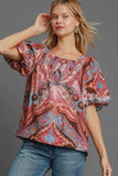 Umgee Full Size Abstract Print Smocked Square Neck Puff Sleeve Blouse - Trendsi
