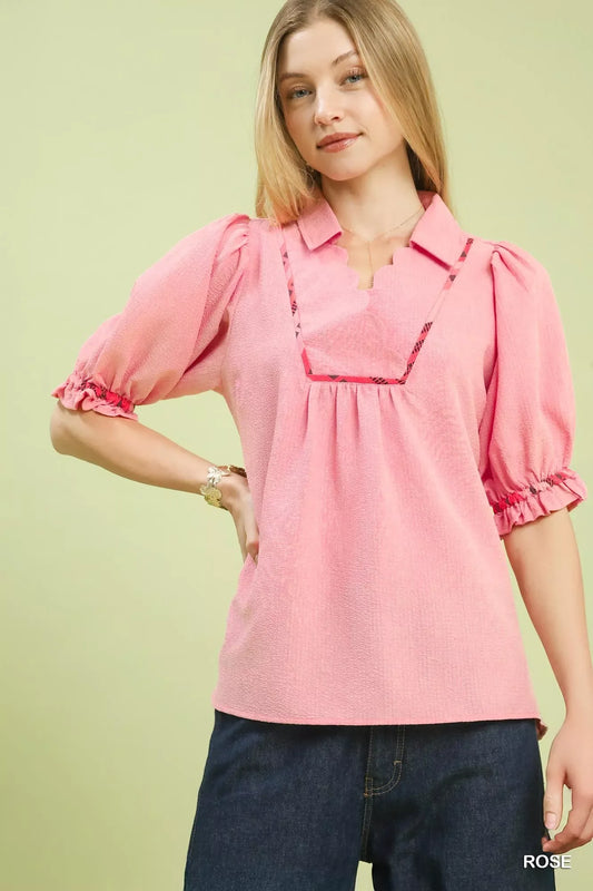 Umgee Scalloped Trim Blouse with Puff Sleeves - Trendsi - Flyclothing LLC