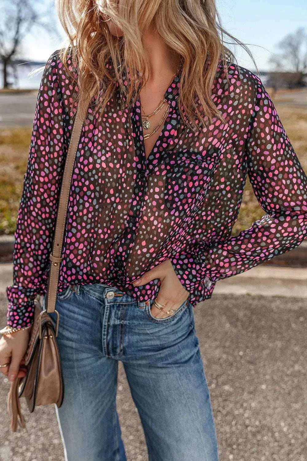 Printed Notched Long Sleeve Blouse - Trendsi - Flyclothing LLC