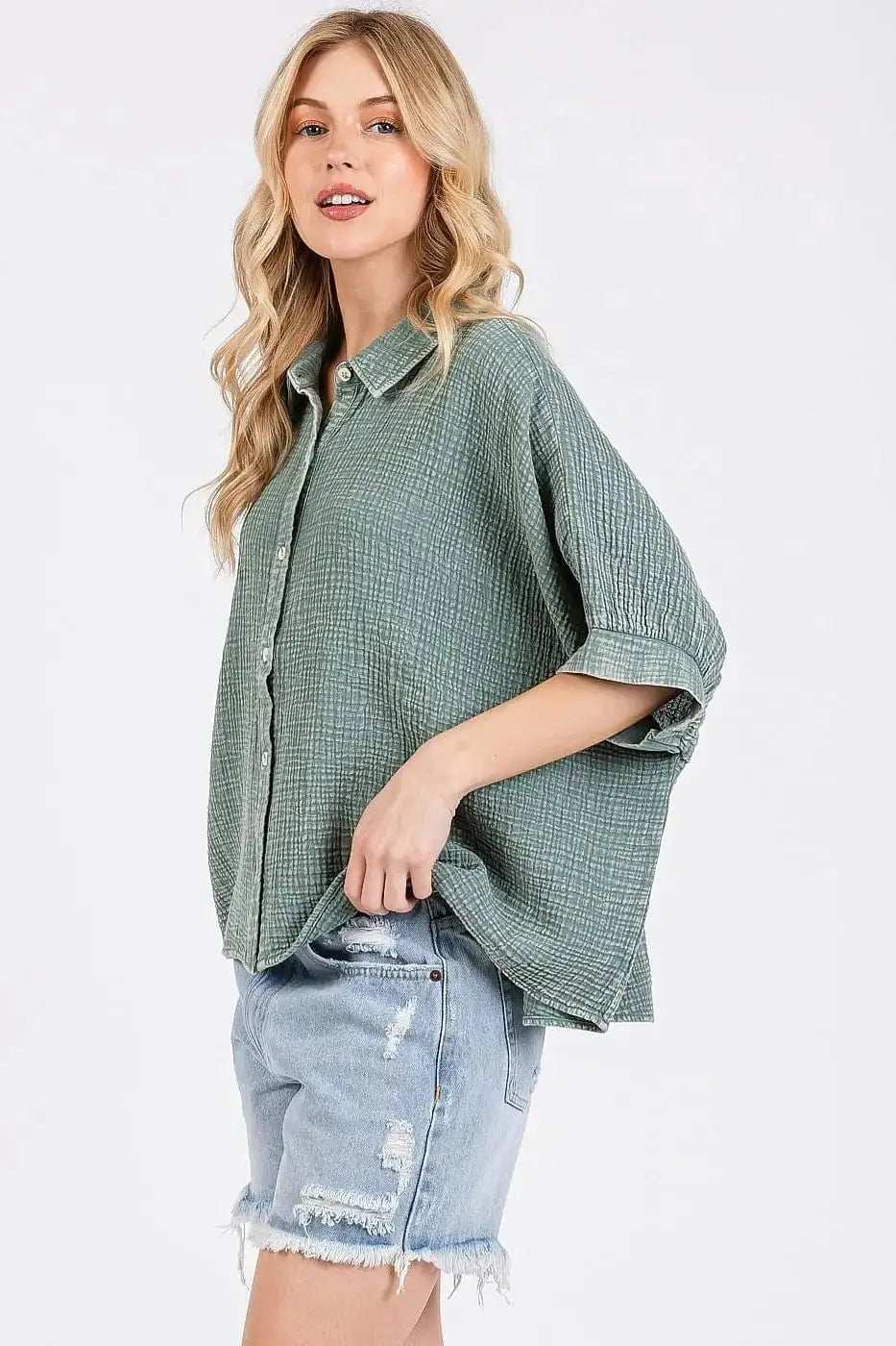 Mittoshop Mineral Wash Gauze Dolman Sleeve Button Down Shirt - Trendsi - Flyclothing LLC