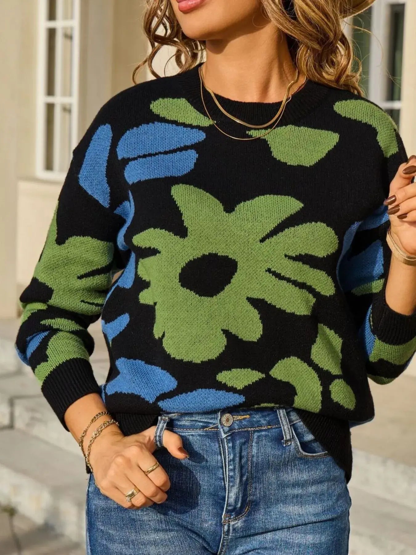 Floral Crew Neck Long Sleeve Sweater - Trendsi - Flyclothing LLC