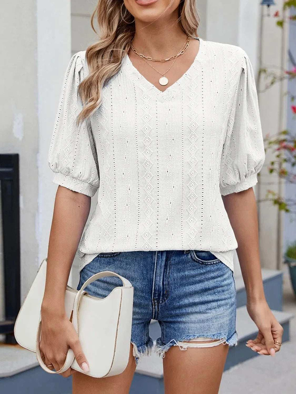 Puff Sleeve V-Neck Eyelet Lace T-Shirt - Trendsi - Flyclothing LLC