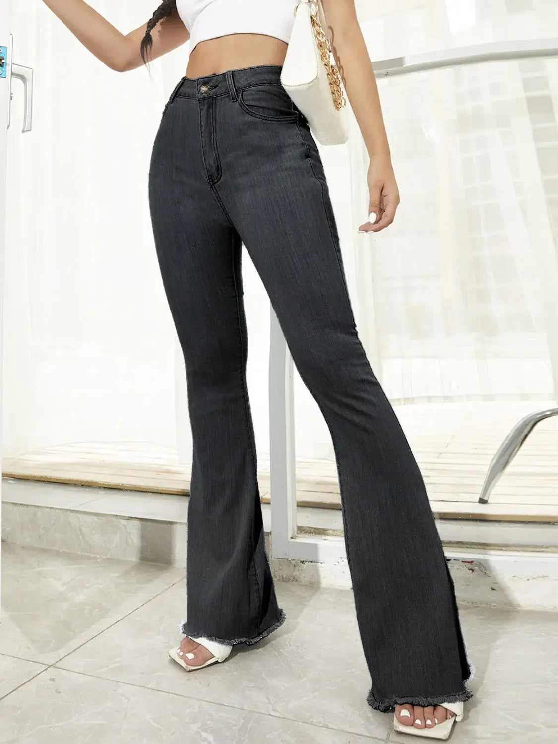 Raw Hem High Waist Flare Jeans - Trendsi - Flyclothing LLC