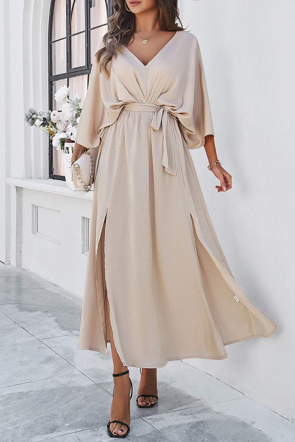 Slit Tied V-Neck Three-Quarter Sleeve Dress - Trendsi - Flyclothing LLC