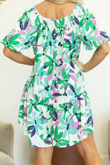 Floral Print Shirred Square Neck Loose Fit Mini Dress - Trendsi - Flyclothing LLC