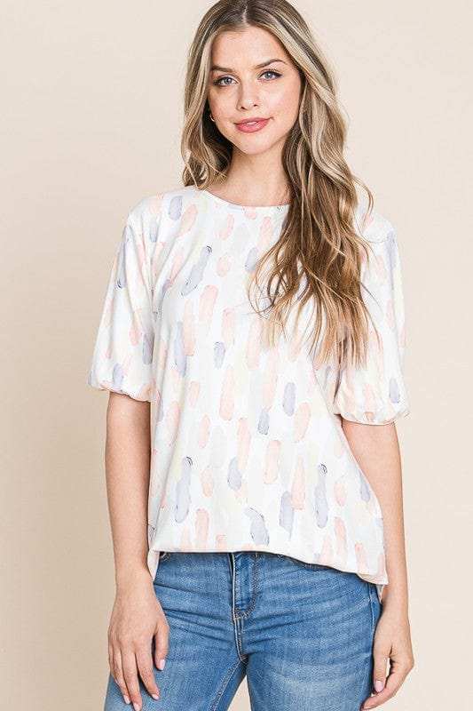 BOMBOM Round Neck Puff Short Sleeve Blouse - Trendsi - Flyclothing LLC