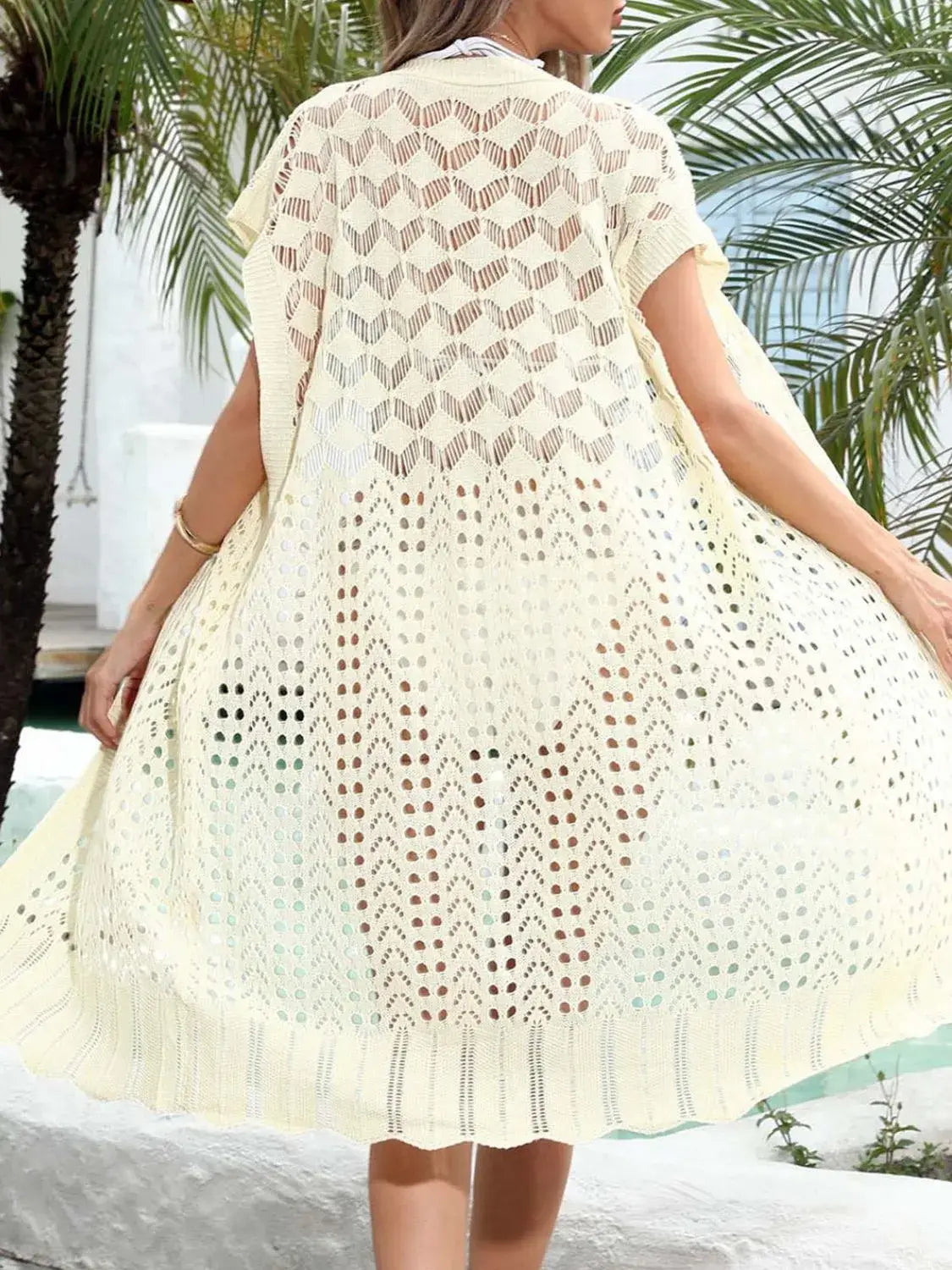 Open Front Short Sleeve Openwork Cover-Up - Trendsi - Flyclothing LLC
