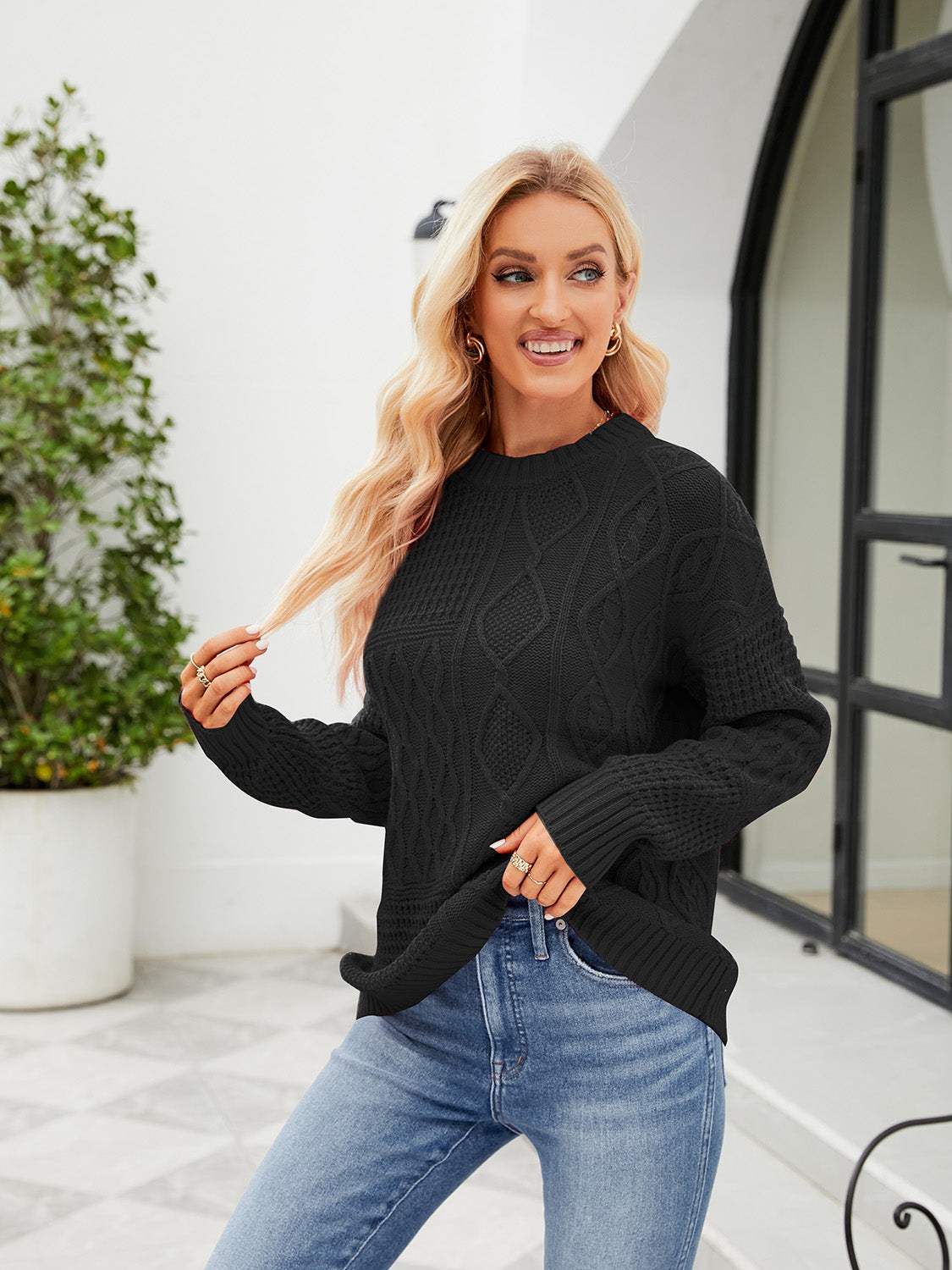 Round Neck Dropped Shoulder Sweater - Trendsi - Flyclothing LLC