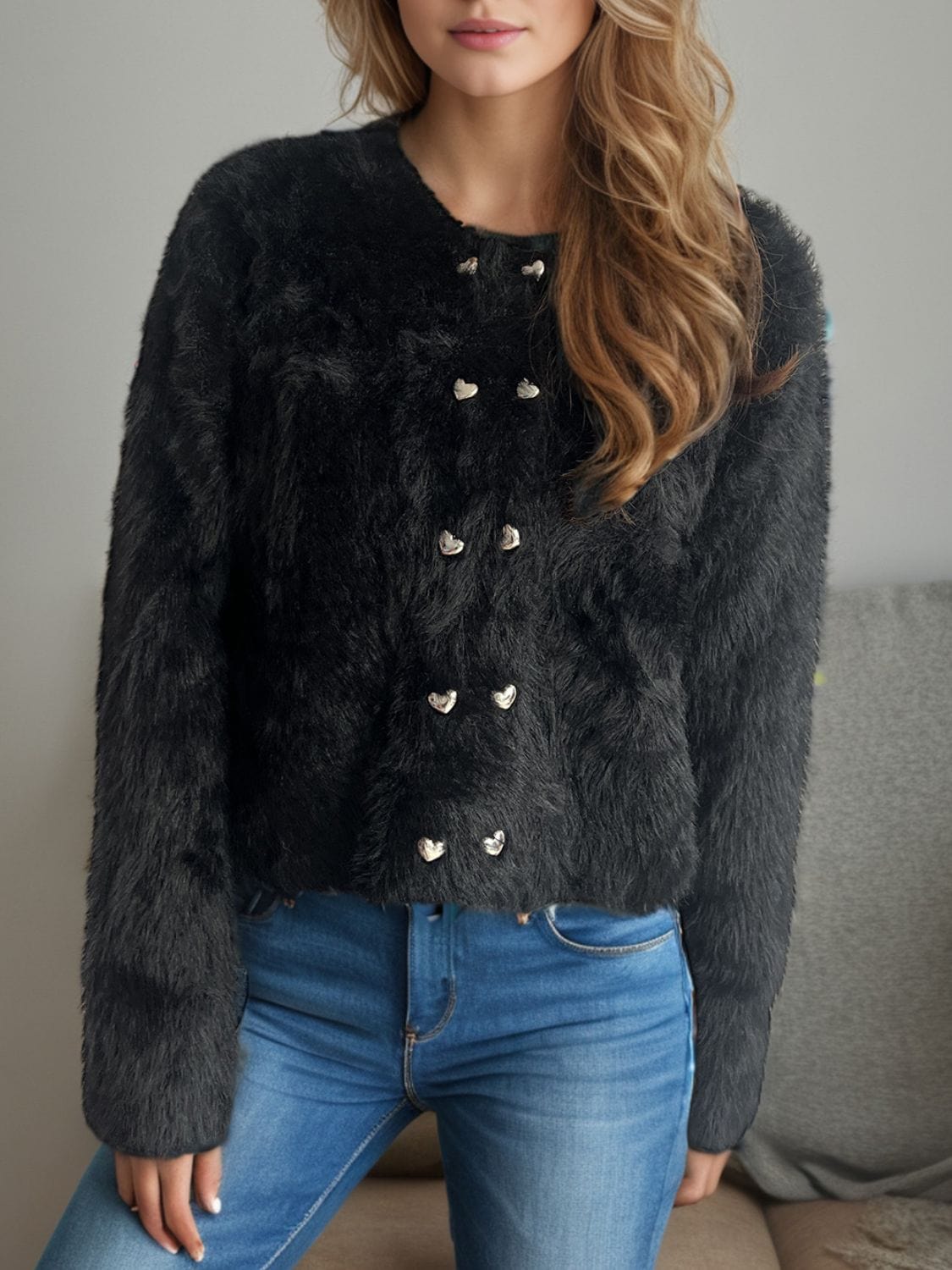 Heart Button Round Neck Cardigan - Trendsi