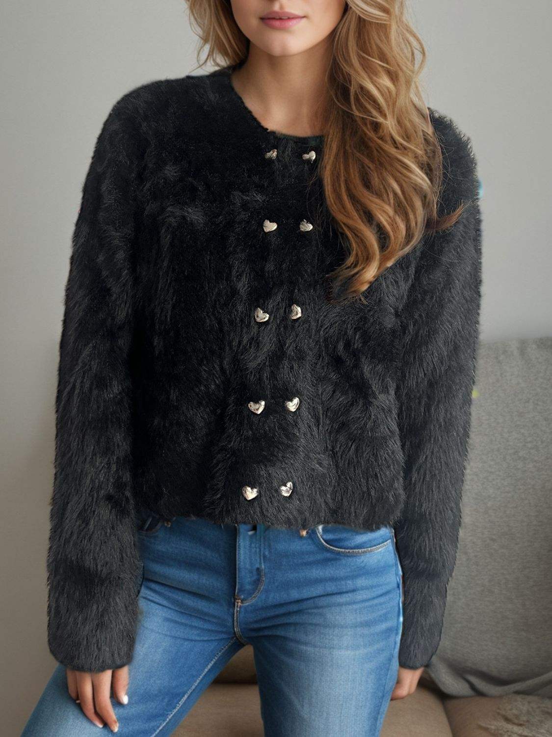 Heart Button Round Neck Cardigan - Trendsi - Flyclothing LLC