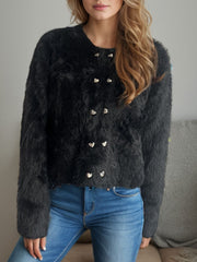 Heart Button Round Neck Cardigan - Trendsi