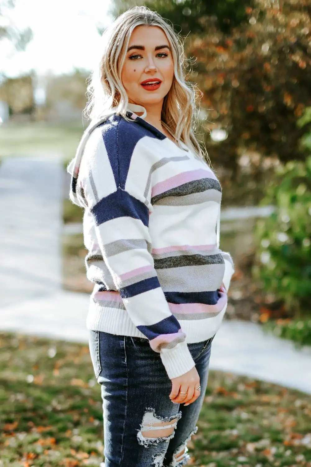 Plus Size Striped Long Sleeve Hooded Sweater - Trendsi - Flyclothing LLC
