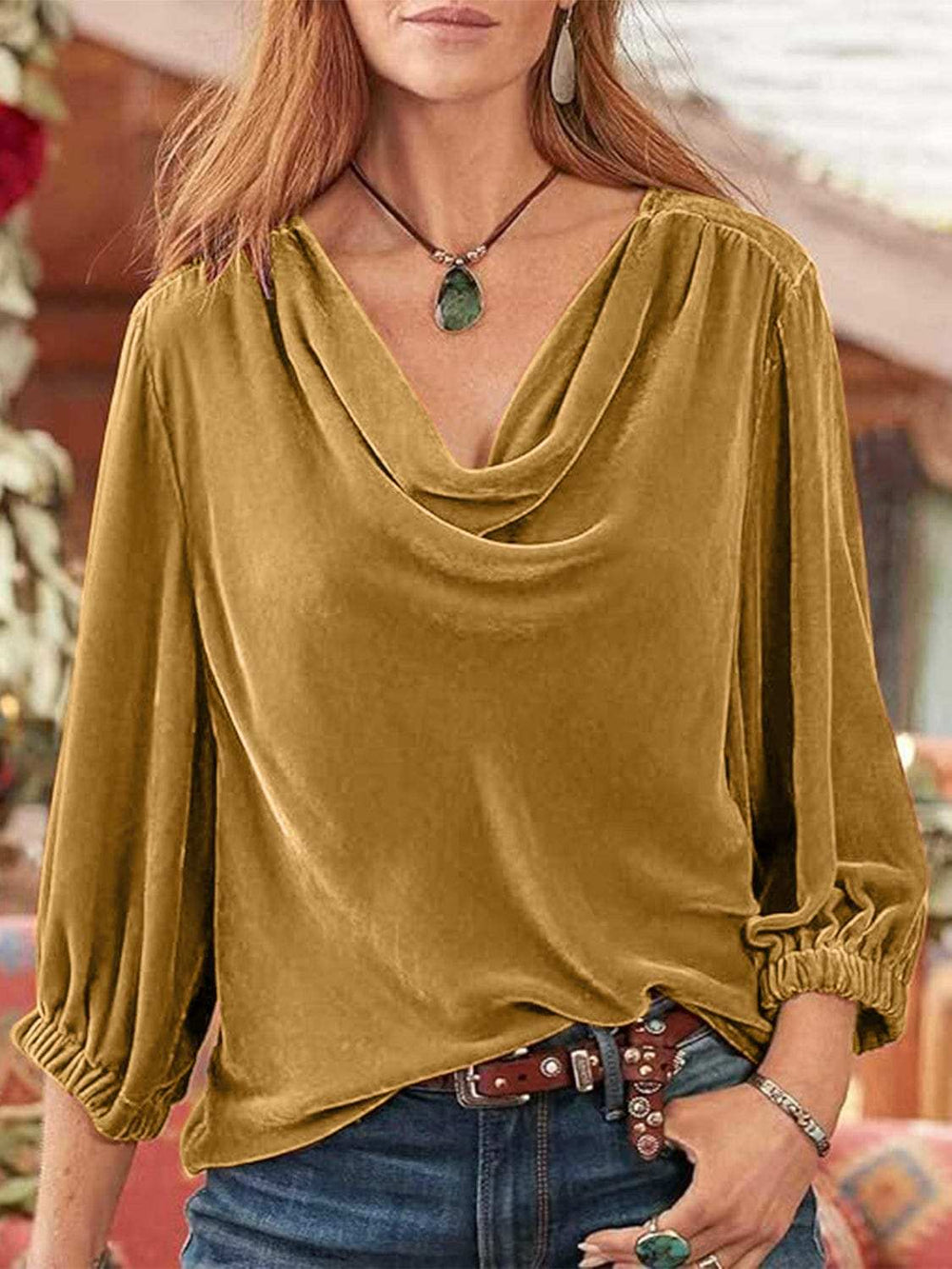 Cowl Neck Three-Quarter Sleeve Top - Trendsi - Flyclothing LLC