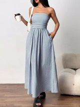 Striped Strapless Casual Maxi Dress - Trendsi - Flyclothing LLC