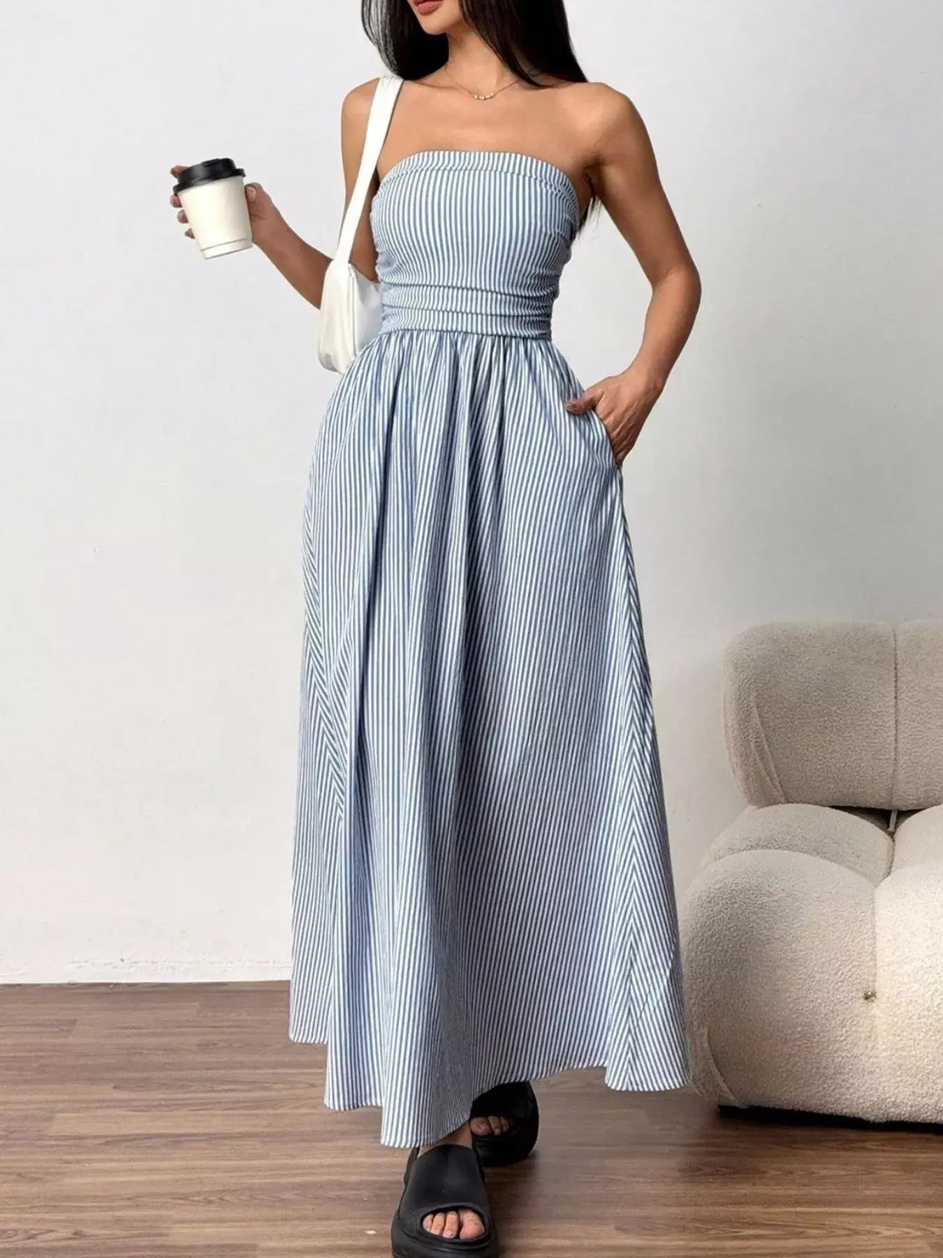 Striped Strapless Casual Maxi Dress - Trendsi - Flyclothing LLC