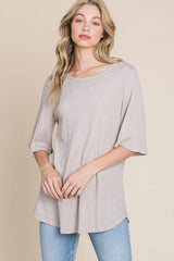 BOMBOM Round Neck Waffle Knit T-Shirt - Trendsi - Flyclothing LLC