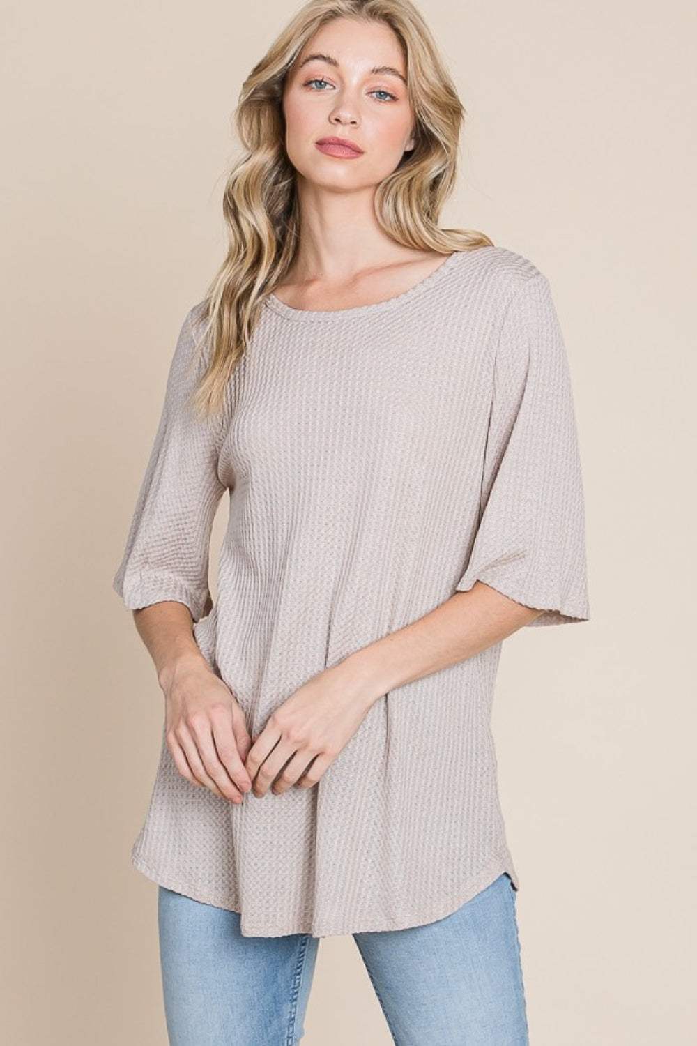 BOMBOM Round Neck Waffle Knit T-Shirt - Trendsi - Flyclothing LLC