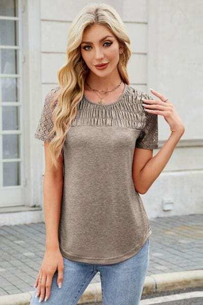 Smocked Round Neck Short Sleeve T-Shirt - Trendsi - Flyclothing LLC