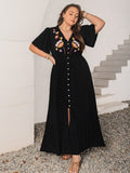 Plus Size Embroidered V-Neck Flutter Sleeve Maxi Dress - Trendsi