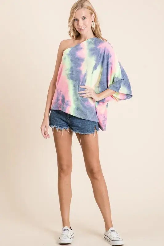 BiBi Tie Dye French Terry One Shoulder Top with Dolman - Trendsi - Flyclothing LLC