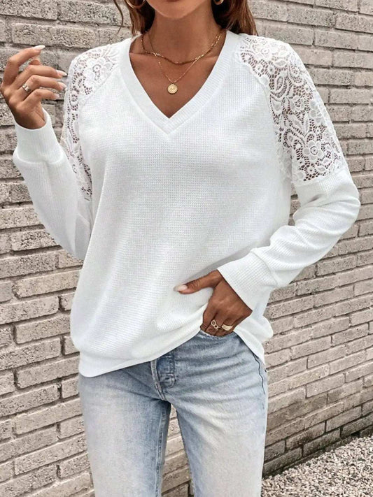 Lace Detail V-Neck Long Sleeve Top - Trendsi - Flyclothing LLC
