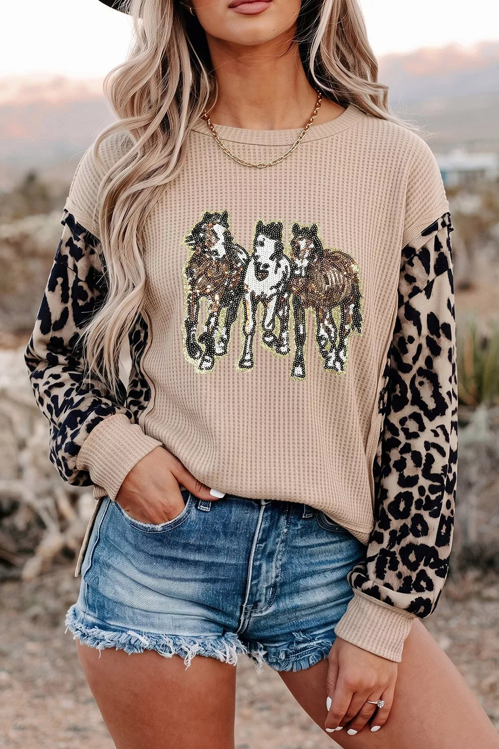 Sequined Western Horse Graphic Leopard Sleeve Patchwork Waffle Knit Top - Trendsi - Flyclothing LLC