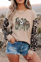 Sequined Western Horse Graphic Leopard Sleeve Patchwork Waffle Knit Top - Trendsi - Flyclothing LLC
