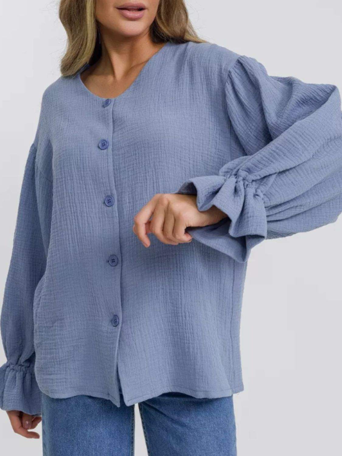 Button Up Flounce Sleeve Shirt - Trendsi - Flyclothing LLC