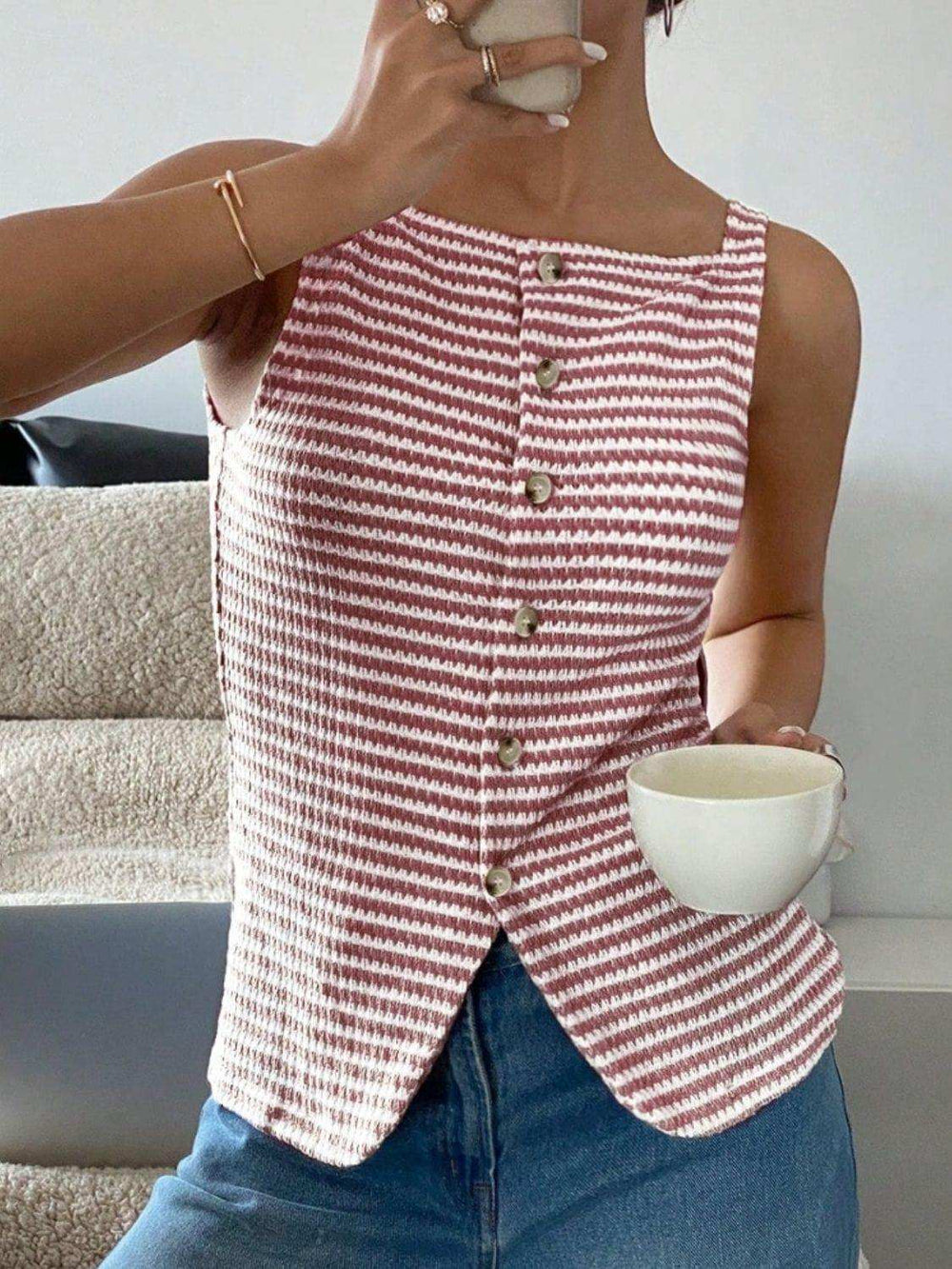 Button Down Striped Tank - Trendsi - Flyclothing LLC