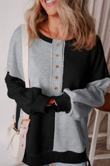 Color Block Half Button Long Sleeve Sweatshirt - Trendsi - Flyclothing LLC